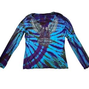 Harley-Davidson Women Tie Dye Henley Long Sleeve Eagle Graphic Shirt Blue Purple